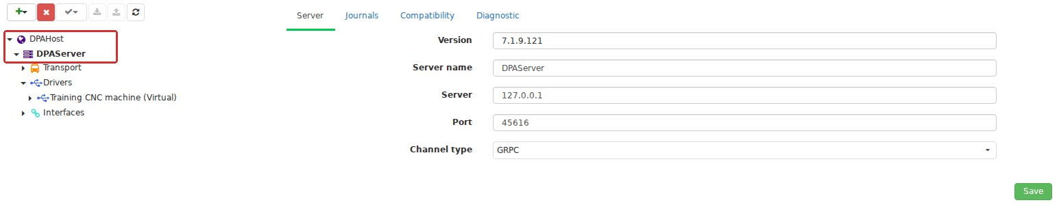 Under Settings → Monitoring, DPA Host and connected DPA Servers appear within one administrative structure. From the Host, the user can navigate to servers, drivers and their data. This screen provides a practical reference for the core DPA Host ↔ DPA Server relationship.