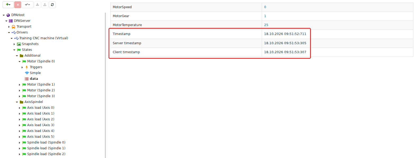 Monitoring lets the user check the latest machine data before it reaches higher-level views. The branch DPA Host → DPA Server → driver → state displays current calculated values and their timestamps, making it a useful starting point for checking whether data is still arriving.