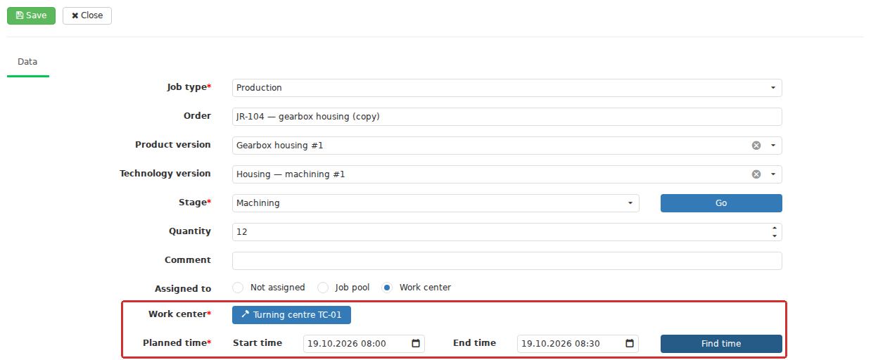 In planning, the prepared production model becomes a specific Job with a production context, quantity, Work center and execution time. DPA now specifies what must be done, where and when for this particular instance of work.