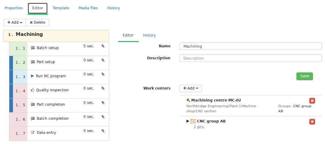 The Technology version editor describes future execution: Stages, eligible equipment and the sequence of Operations are configured before actual production takes place. This level specifies the intended process.
