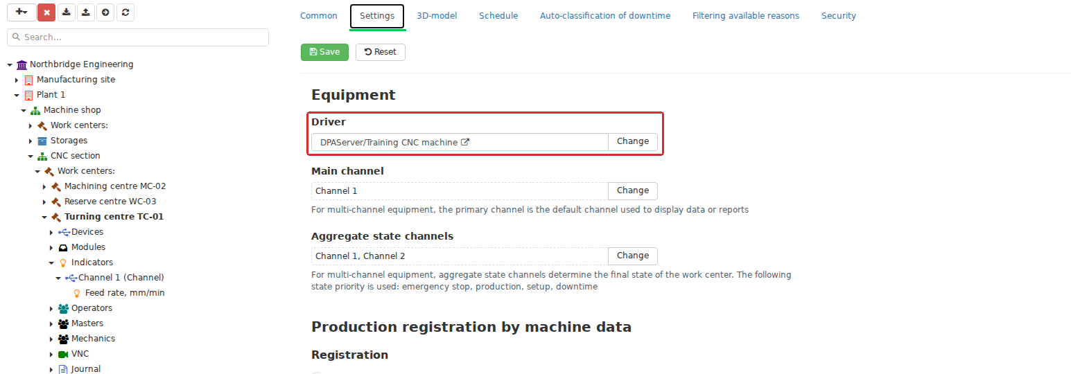 A Work center card connects an existing production object to DPA Server, a driver and the relevant channels. The machine structure is attached to this stable production identity, so changing or reconfiguring the connection does not create a new Work center.