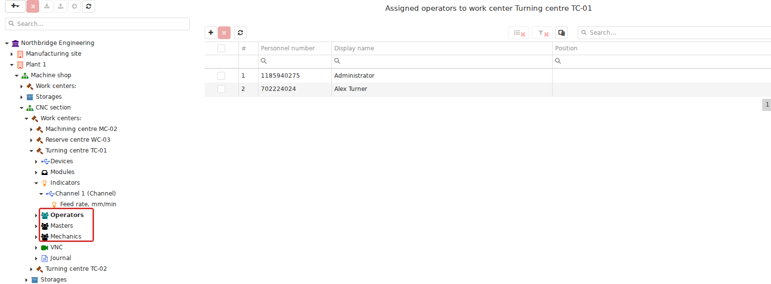 In the Enterprise structure, Operator, Foreman and Mechanic assignments belong to a particular Work center. A user’s production role is therefore linked both to their account and to the equipment they operate or supervise.