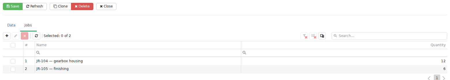 The Jobs tab of a Work order links the production requirement to one or more compatible Jobs. This relationship allocates the required quantity to specific work, while the Work order and Jobs retain their own lifecycles.