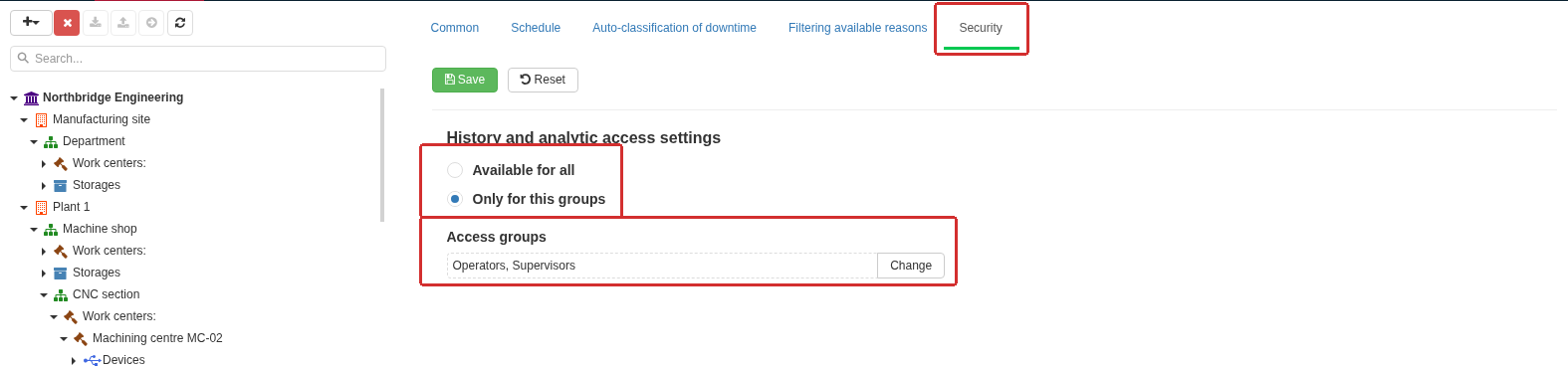 On Security for the selected Enterprise, the access-scope setting is local and editable. With Only for this groups, Access groups contains the groups selected for this scope.