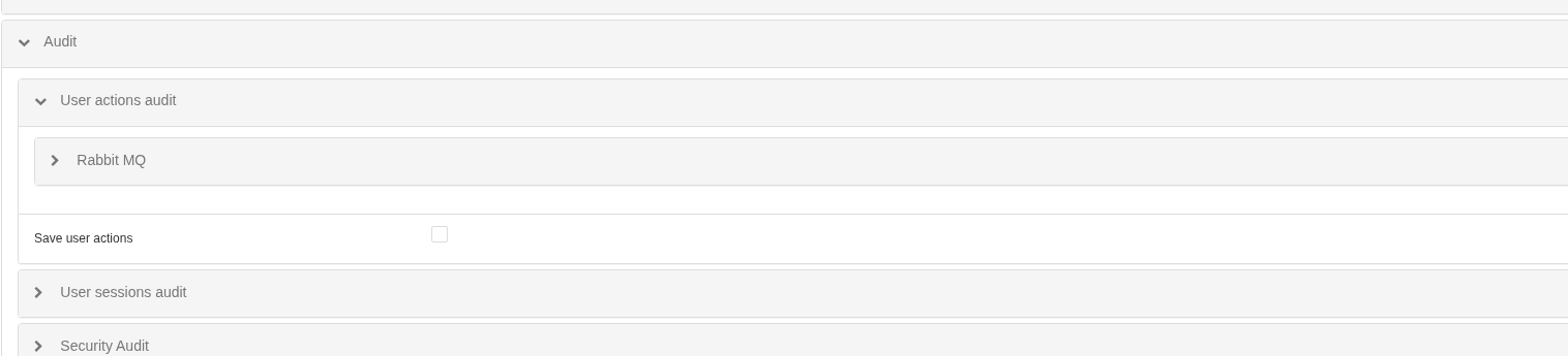 Under System settings → Audit, the three streams are enabled independently. The screenshot expands User actions audit with its own Save user actions switch; the separate session and security groups are visible alongside it.