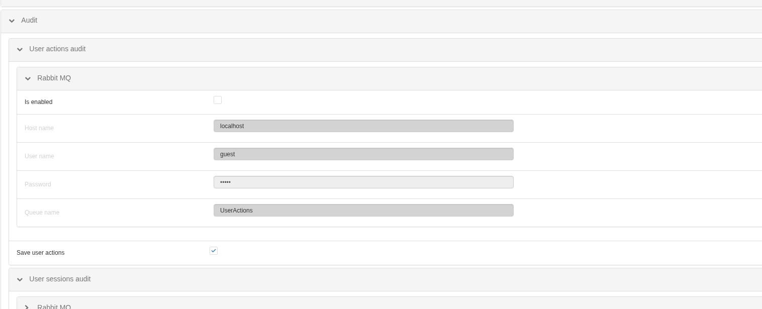 The Rabbit MQ block is configured separately for each audit stream. Enabling it changes that stream’s publication route; Host name, credentials and Queue name belong to RabbitMQ, not to the general Audit-microservice connection.