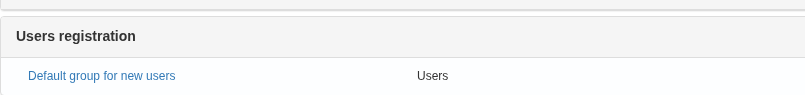 Under Users registration, Default group for new users shows the groups that DPA adds to a new account when it is created. The initial configuration selects the Users group.