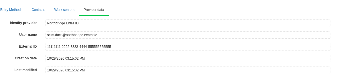 A User synchronised through SCIM has a Provider data tab. External ID shows the SCIM externalId; it is read-only and is used to match the user to the Microsoft Entra Object ID for SSO.