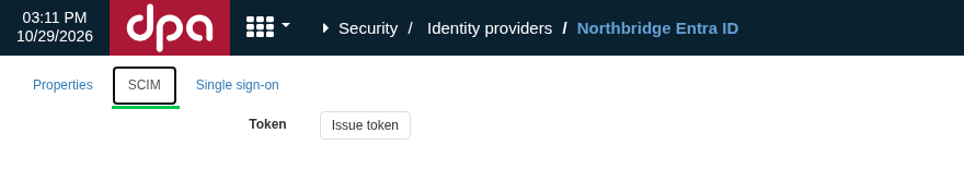 On SCIM, a token is issued with Issue token. After it is issued, copy it into the configuration of the external user-provisioning system.