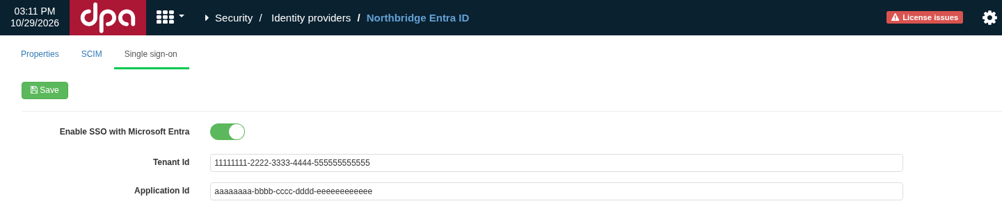 On Single sign-on, Enable SSO with Microsoft Entra is enabled and Tenant Id and Application Id are specified. The screenshot uses example identifiers.