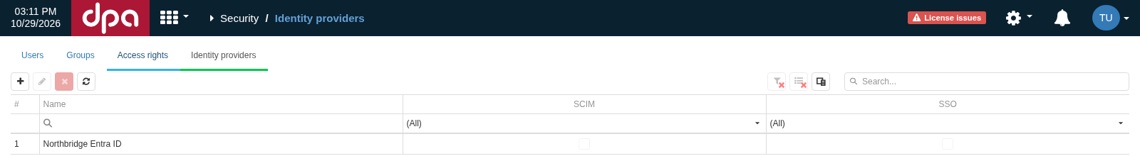 Under Identity providers, the SCIM and SSO columns separately show which mechanisms are enabled for each external provider.