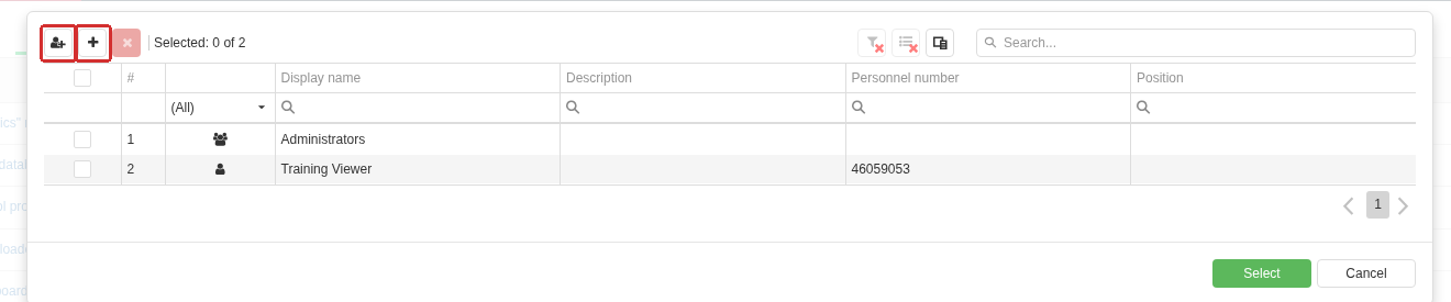 The Select user or group window shows the current direct assignments of the selected permission in one table: the screenshot contains one Group and one User. The two highlighted commands add different subject types: Add users opens User selection, while the neighbouring Add (+) button opens Group selection.