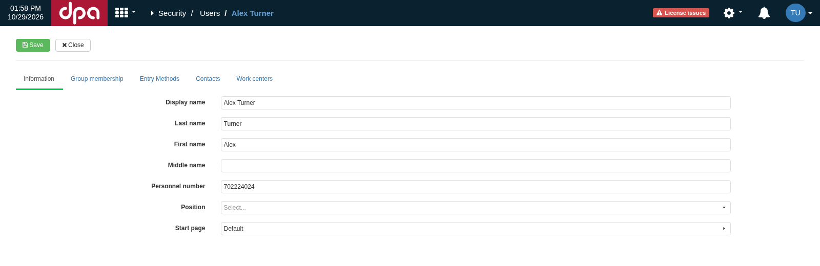 The User card separates general information, group membership, sign-in methods, contacts and assignments to Work centers. The Information tab contains the user’s display name and personnel information.