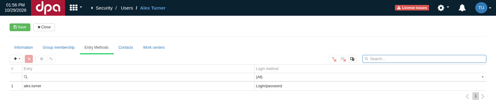 On the Entry Methods tab, each method is stored as a separate record. In this example, the User has a Login/password method configured with the login alex.turner; other methods can be added independently.