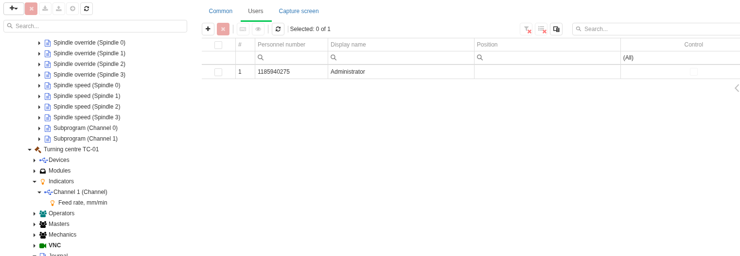 VNC access is assigned separately for a particular Work center. A listed user can receive viewing only or both viewing and control; control status is shown in the separate Control column.