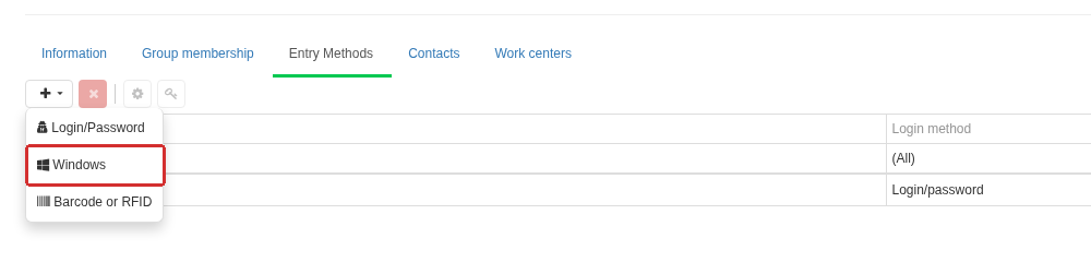 On Entry Methods, open the add menu and select Windows. DPA then opens Select user, where a Windows or Active Directory account is selected; the selected account is linked to the DPA User by SID.