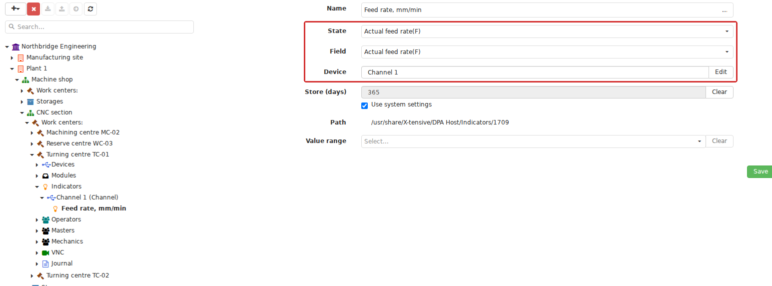 An Indicator card links a readable name to a specific device, driver state and field of that state. Storage settings and an optional value range are configured here too. The same field on different axes or channels therefore represents different Indicators when the machine context differs.