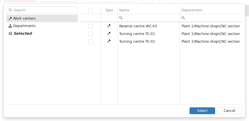 The Work center selector in Monitoring is built with the user&rsquo;s access scope in mind. An available work center remains in the list together with its organisational path, while neighbouring equipment outside the scope does not appear.