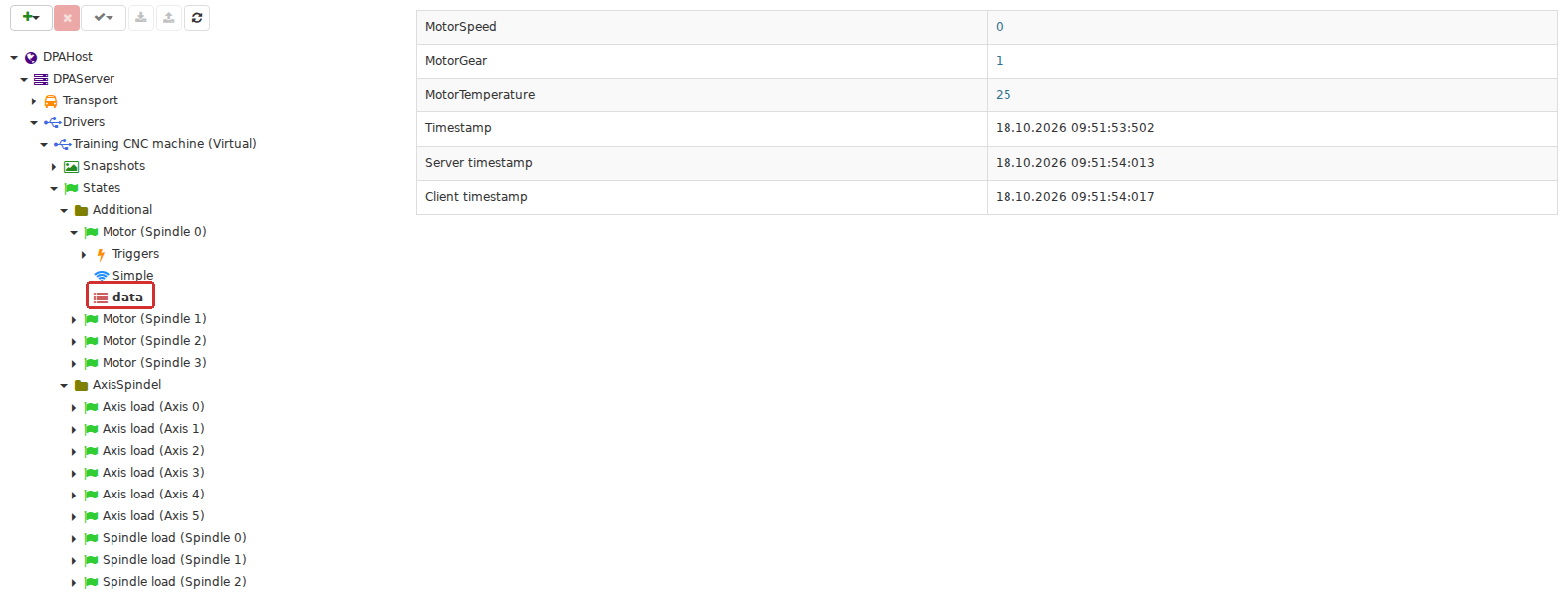 In Monitoring, the data child node displays the current calculated result of a driver state and its update timestamps. This checks that fresh machine data actually reaches the system.