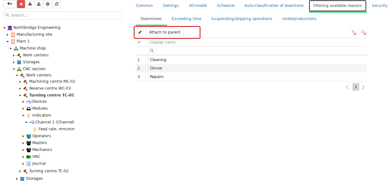 The Filtering available reasons tab shows whether a Work center uses the inherited setting or its own list. After unlinking it, the local list can be edited independently. Linking it again restores inheritance from the nearest effective parent setting.