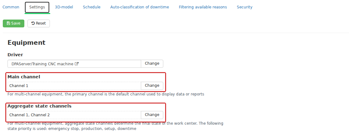 The Settings tab separately defines Main channel and Aggregate state channels for one Work center. The first provides a default channel for functions that need one; the second selects the channels used to calculate the overall state.