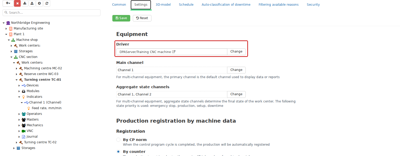 In Settings → Enterprise structure, the selected Work center appears both in the organizational hierarchy and as a production unit with its own card. Its identity fields describe the Work center; DPA Server and the driver define its machine connection. The production object can therefore be prepared before a physical machine is connected.