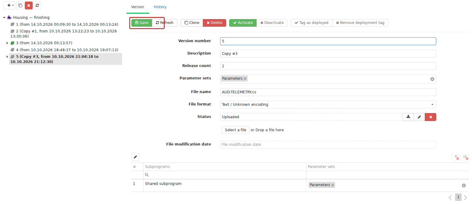 A file belongs to a particular Control program version. Its File name, File format and modification date appear in that version’s card. Selecting a file in the browser is followed by Save, which commits both the version properties and file contents.