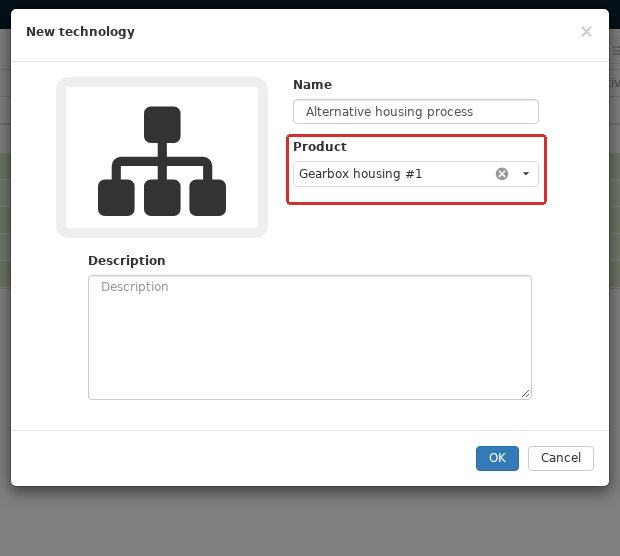In New technology, the Product field selects an active Product version. This fixes the production variant for which the Technology is created and subsequently constrains the technologies available when creating a Job.