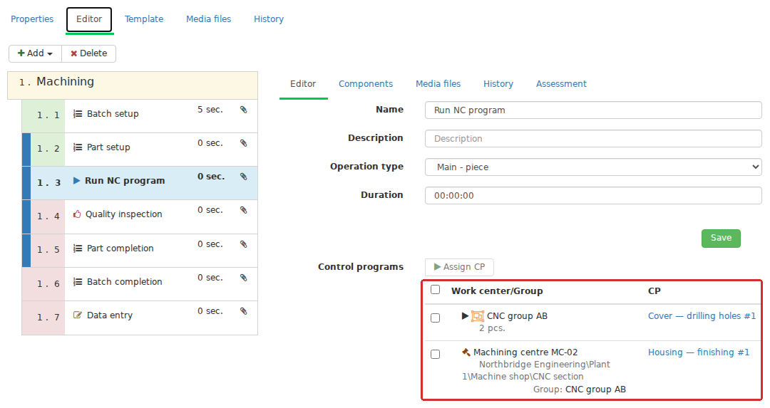 The Operation editor combines general properties, Name, Operation type and Execution time, with fields specific to its content. For Work by CP, it shows the CP assignments for the Stage’s equipment. The operation type locates the action in the production cycle, while its content defines the work performed.