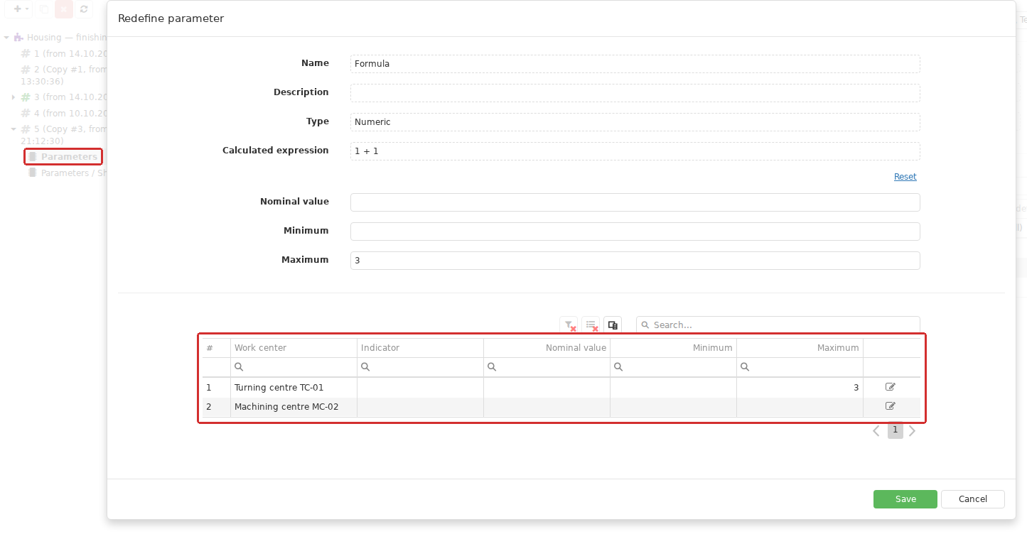 A context override opens through the Parameter set’s child node in the left tree. In Redefine parameter, the upper section defines shared link values and the lower table defines values for individual Work centers. Saving a Work center row and pressing the final Save button are separate steps.