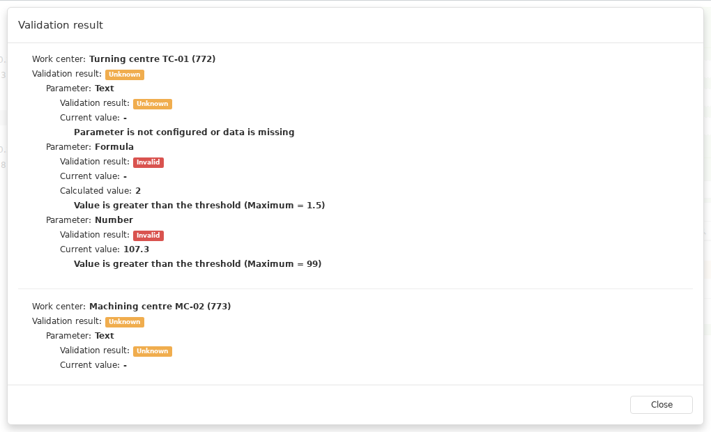 Test parameters expands results by Work center and parameter. One test can include Valid, Unknown and Invalid. Read the current or calculated value and explanation alongside the status: a missing source, a calculation error and an actual violation represent different situations.