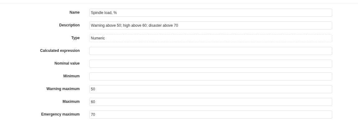 One numeric parameter contains fields for three different upper-threshold types: Warning maximum — 50, Maximum — 60, Emergency maximum — 70. Their severities are defined in the shared reference book; this card supplies the numeric values.