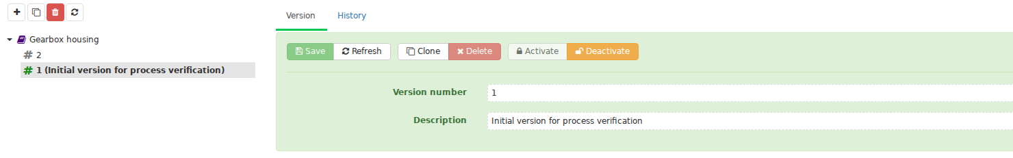 The Product page separates the parent card from its versions. Activation belongs to a Product version; the active version is read-only and is the version available for creating a Technology.