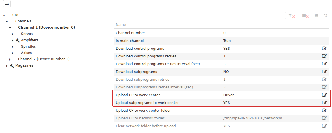 CP transfer is configured for a Work center channel. The main program can use DENY, Driver or Network folder; subprogram transfer has a separate setting. These options define how and where files are transferred. Receiving machine data alone does not mean that CP upload is configured.
