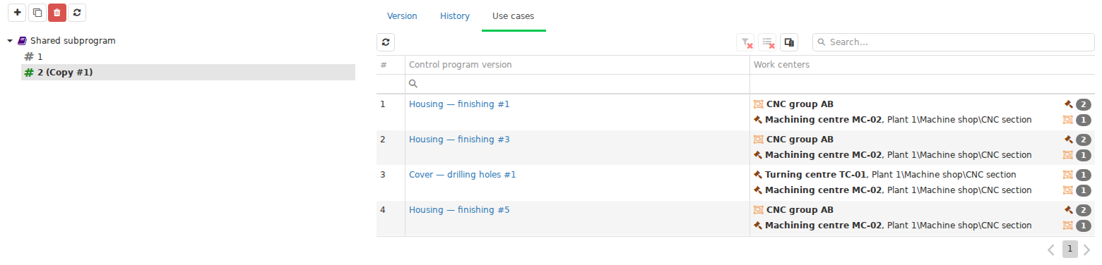 The Usage tab shows the scope of a shared Subprogram: linked CP versions and equipment derived from those programs’ catalog links. It describes catalog relationships rather than recording execution of a particular Subprogram version. It does not show whether the file has been uploaded to every listed machine.