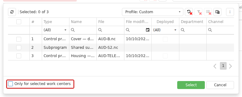On the program-selection step, Only for selected work centers limits the list to active CP versions whose catalog links cover all selected Work centers. Clearing it allows active versions to be selected without that restriction, including a separately chosen Subprogram version. Selection does not create equipment links.