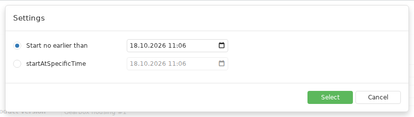 The time-search Settings dialog can find the first available interval starting no earlier than a given time, or check a start at a specific time. The result fills the planned Start and End fields in the card; the Job is then saved separately.