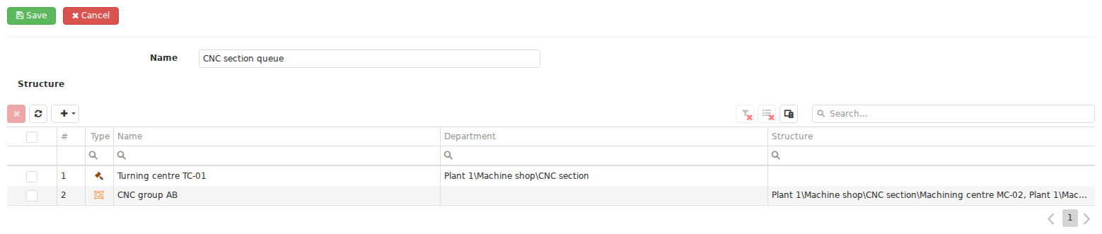 A Job pool card defines the shared queue&rsquo;s Name and Structure. Its members can include individual Work centers and Work center groups. After saving, the pool appears in Planning as a separate tab with its own Jobs table.