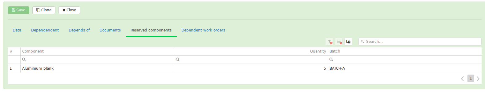 The Reserved components tab displays reservations supplied for a particular Job: component, batch and reserved quantity. It is a read-only view of reservations. An empty tab for a Job whose Technology has components does not by itself indicate an error.