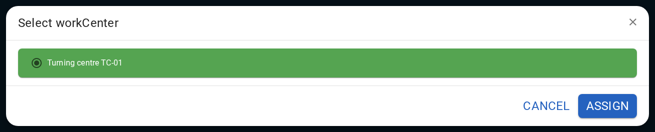 In the Operator workstation, Job pools displays the shared queue available to the selected Work center. Assign moves the selected Job to specific equipment. In Select work center, the Operator confirms the destination for that Job.
