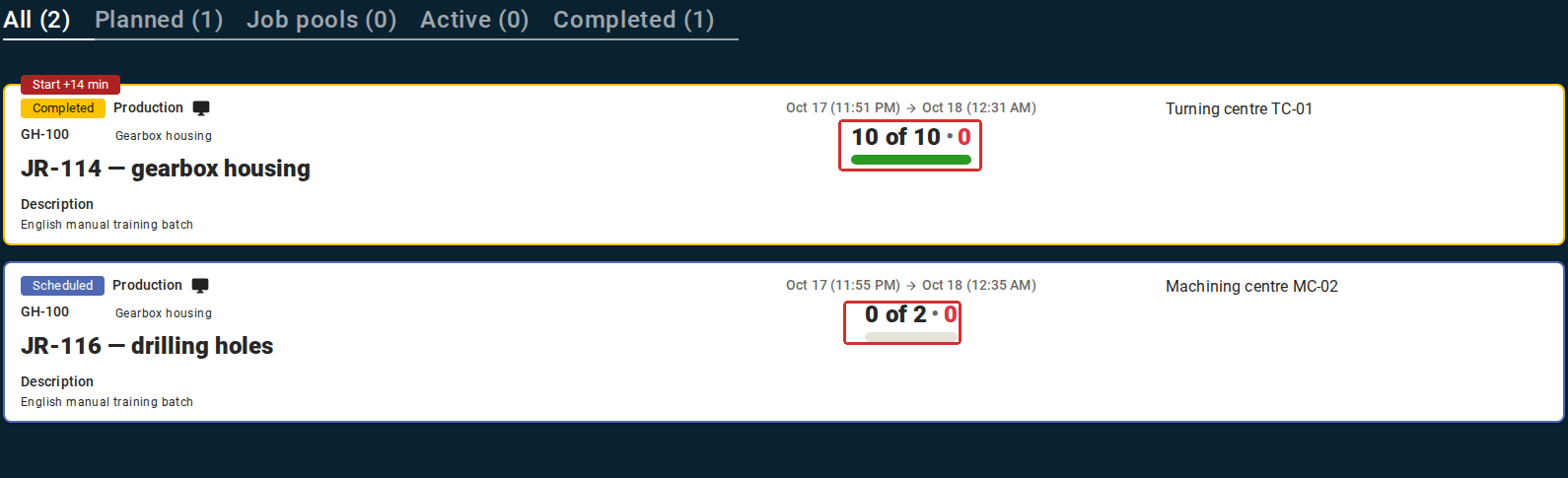 In Operator workstation → Shift target, the personal plan collects a user&rsquo;s Job cards, potentially from several Work centers. The card shows the full production Job quantity and its output rather than the quantity of the personal-plan row. A row allocating 1 unit from a 2-unit Job therefore still shows 0 of 2 before execution.