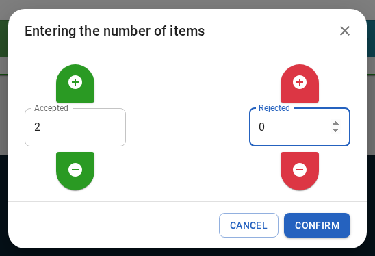 Actual output is registered through the separate Release action. In Entering the number of items, the Operator specifies Accepted and Rejected quantities. Saving increases the Job&rsquo;s accumulated output; it does not itself complete the technological operations or change the Job to Completed.