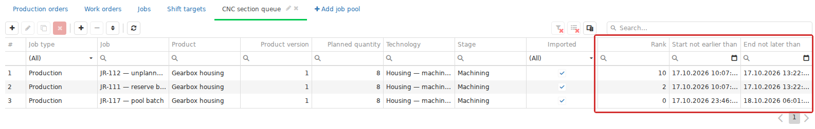 The Job pool table combines the production context with queue fields Rank, Start not earlier than and End not later than. These bounds belong to the shared queue entry. The numerical Rank field controls the queue order in the Operator workstation independently of the Planning table&rsquo;s current sort order.