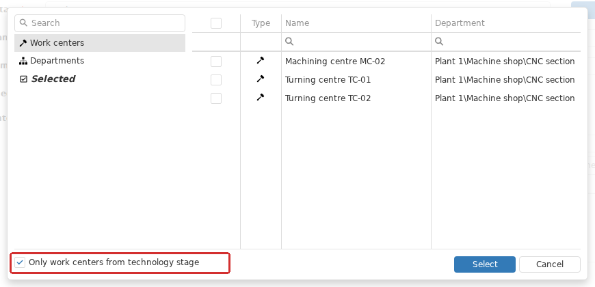 In the equipment selector, Only work centers from technology stage lists Work centers assigned directly to the Stage or through Work center groups. Clearing this selection filter permits another Work center to be chosen, so that deviation requires a separate technological check.