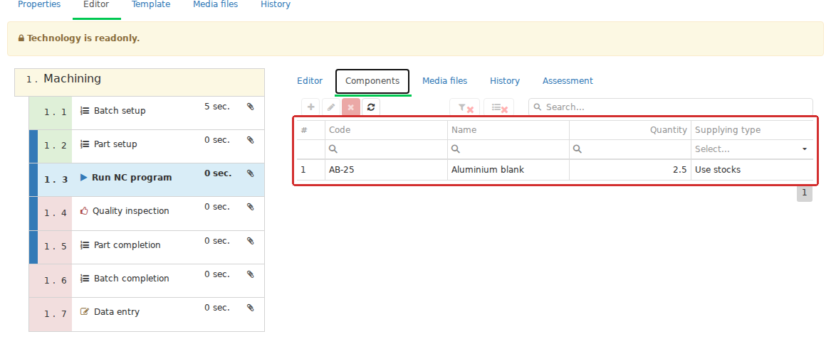 The Technology operation&rsquo;s Components tab defines a material, quantity and supply method. These values are inputs for calculating the requirement of a particular Output action; they do not reserve a batch for a Job.