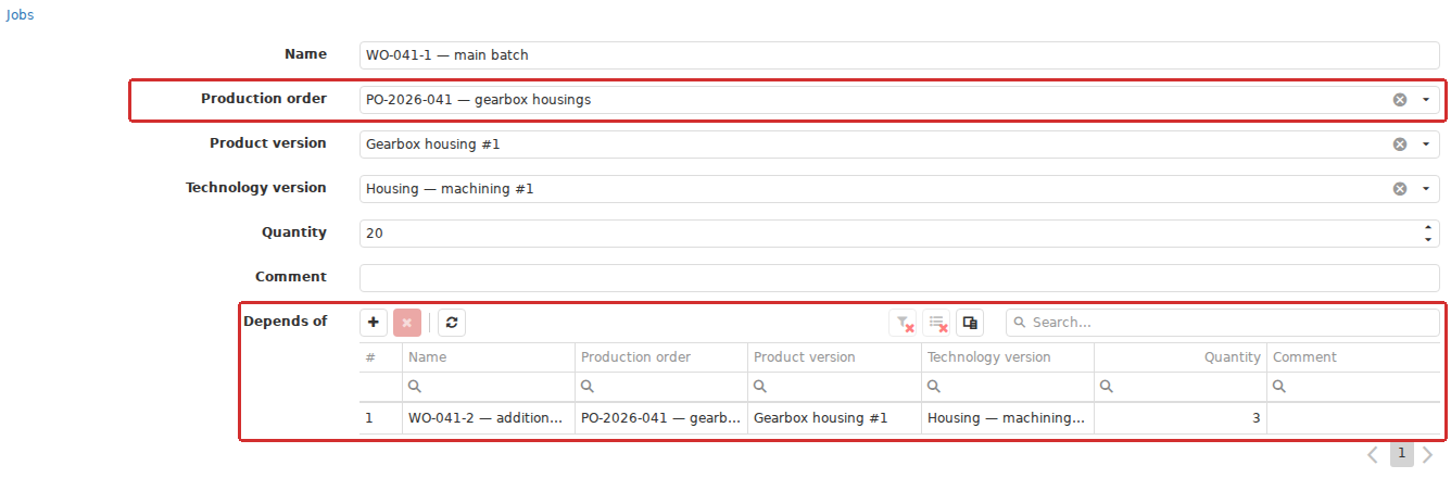 The Work order card shows both its Production order and its technological dependency on another Work order under Depends of. It also fixes the Product version, Technology version and quantity: the specific production variant that Jobs must fulfill.
