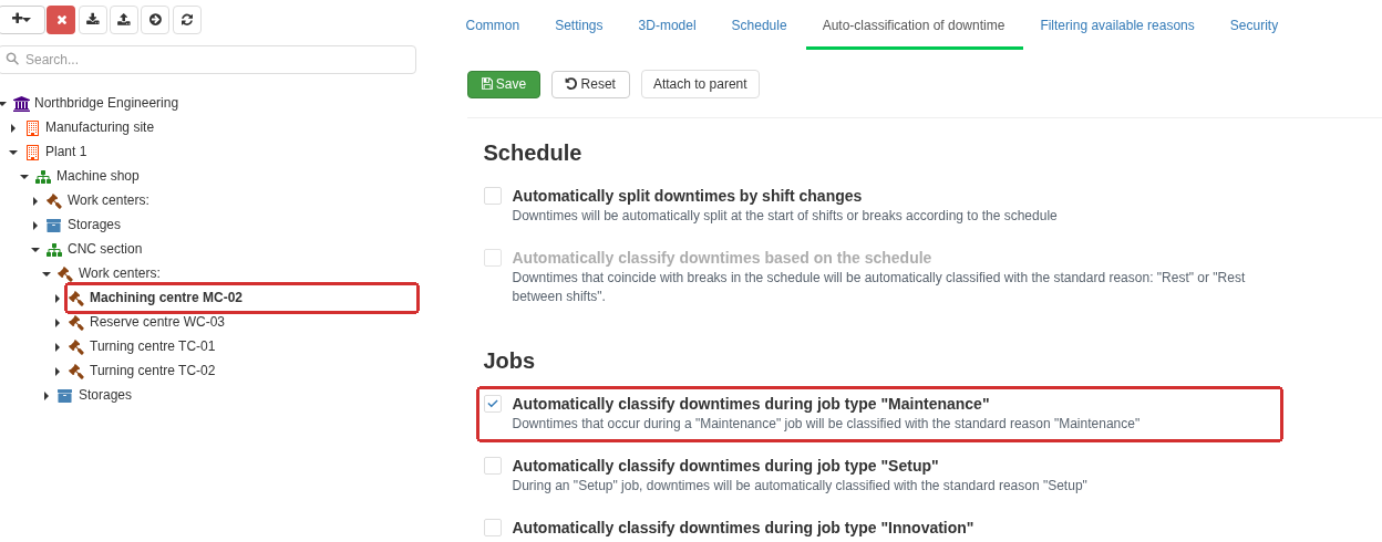 On the Auto-classification of downtime tab for the selected Work center, classification during execution of a Maintenance Job is enabled. The setting applies to actual Job execution; an open Ticket does not trigger it by itself. If the settings are inherited, check their source on the same tab.