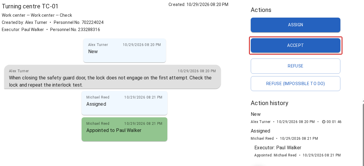 An assigned Ticket is open under a Mechanic account. The description and participants are on the left, actions on the right. The red frame highlights ACCEPT: this records acceptance of the assignment; actual work starts with START EXECUTION.