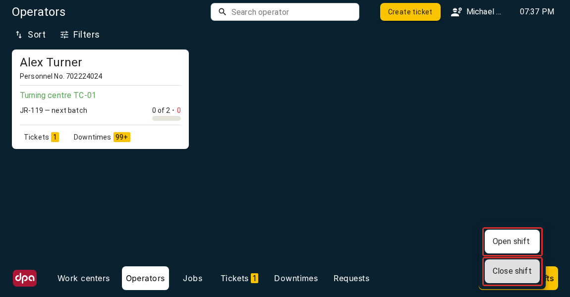 The Operators section of the Foreman workplace shows Operators with open Personal shifts. The red frames highlight Open shift and Close shift in the Operator shifts menu; the required person and equipment are selected on the next screen.