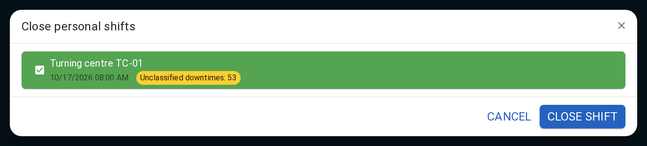 Close personal shifts shows the selected equipment, shift start time and the number of unclassified Downtime intervals during the shift. Close shift ends the Personal shift; the Job state and output are checked separately.